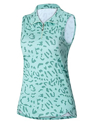 Koscacy Womens Golf Shirt, Sports Running Tank Top V-Neck Lightweight Casual Zipper Shirts Golf&Tennis Tops Outdoors Sports Colthes For Teens Green Leopard Medium #TOP6