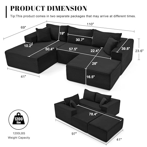 Image of Mangodan 110 inch Cloud Sectional Couch, Modular Sectional Sofa with Deep Seat, Boneless Sofa for Living Room, Fluffy Comfy U-Shaped Couch with Left Facing Chaise, No Assembly Required, Black