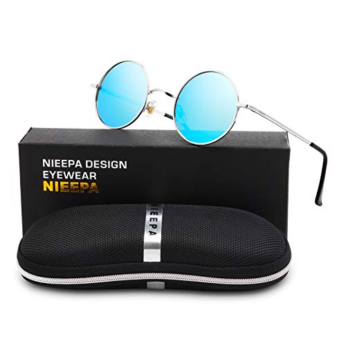 NIEEPA Vintage Round Polarized Hippie Sunglasses Small Circle Metal Driving Sun Glasses (Blue Lens/Silver Frame) - Thumbnail 2