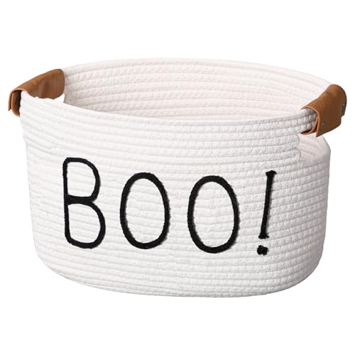 Meanplan Halloween Boo Basket with Handles, Funny Halloween Cotton Rope Ghost Spooky Basket Gifts Stuffers Storage for Women Her Adults Baby, 15 x 10 x 9 Inch