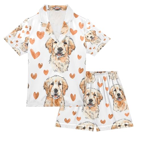 senya Golden Retriever Satin Summer Pajama Sets Silk Short Sleeve Button Down Sleepwear