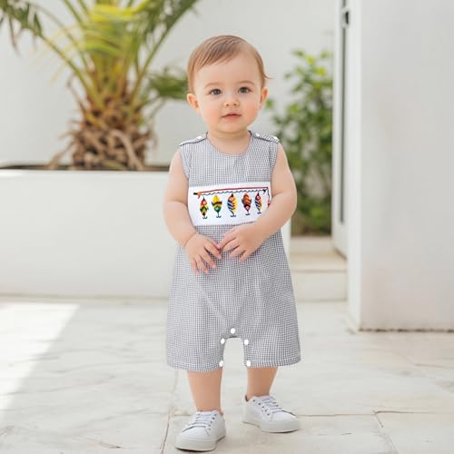 Newborn Infant Baby Boy Summer Clothes Embroidery Plaid Sleeveless Romper Jumpsuit Overall Bodysuit One-Piece Outfit2