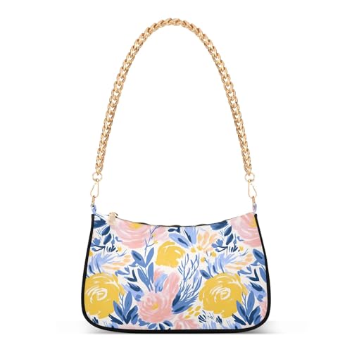 Clutch Shoulder Bags Tote Evening Purse Handbags for Women Pink Yellow Flowers Hobo Bags with Zipper Closure
