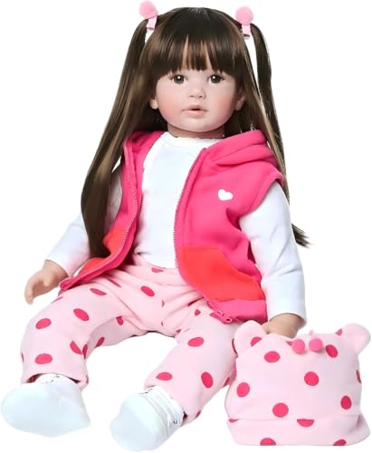 Pinky 24 inch 61cm Lovely Reborn Baby Girl Doll Reborn Toddler Realistic Looking Lifelike Baby Doll Vinyl Soft Babies Black Hair Doll Toy