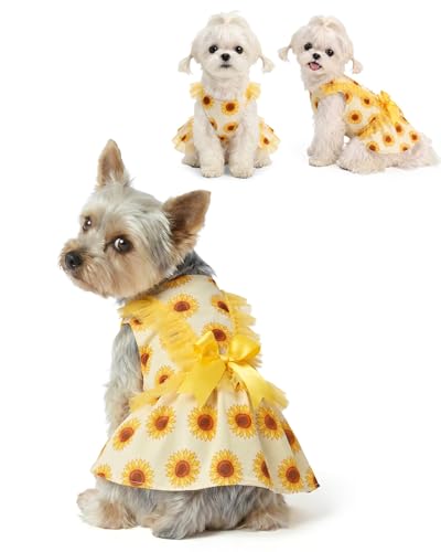 Image of CuteBone Sunflower Pet Dress for Small Dogs, Cats - Yellow Tulle Ruffle Sleeves - Satin Bow - Summer Garden, Photo Dress