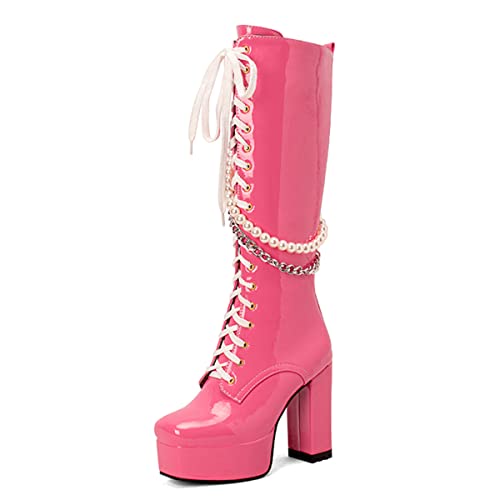 Women's Thick Heel Platform Gothic Boots Lace Up String Bead Punk Boots