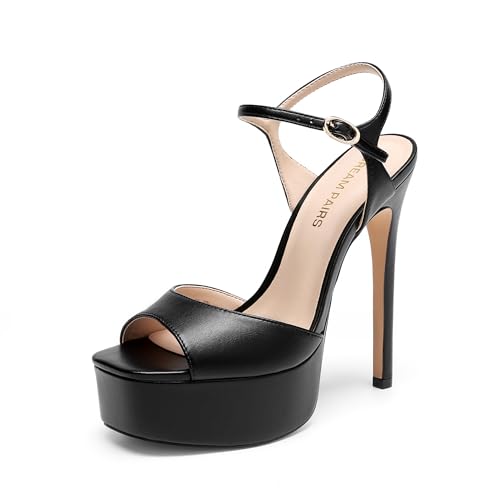 DREAM PAIRS Women’s High Platform Heels 5.75'' Stilettos Open Square Toe Heeled Sandals Ankle Strap Sexy Comfort Dress Shoes Wedding Bridal Pumps,Size 7,Black-Pu,SDHS26014W
