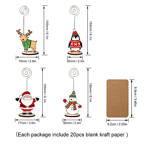 Picowe 12Packs Christmas Wood Place Card Holders with Swirl Wire and 20Pcs Kraft Place Cards, Wooden Table Memo Photo Picture Number Sign Stands Holder for Party Table Decorations