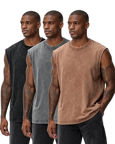 TinyChoice Mens 3-Pack Sleeveless Shirts Gym Muscle T-Shirts Acid Wash Workout Tees Cut Off Loose-Fit Athletic Tank Tops Black Coffee Grey L