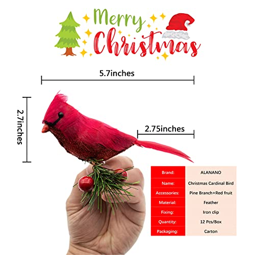 Alanano 12 Pcs Cardinals Clip-On Pine Branche Ornaments Cardinal Memorial Ornament Red Velvet Feathered Artificial Birds Designs On Christmas Tree Garden Lawn Wreath Craft Decorations,12 Pack #TOP2