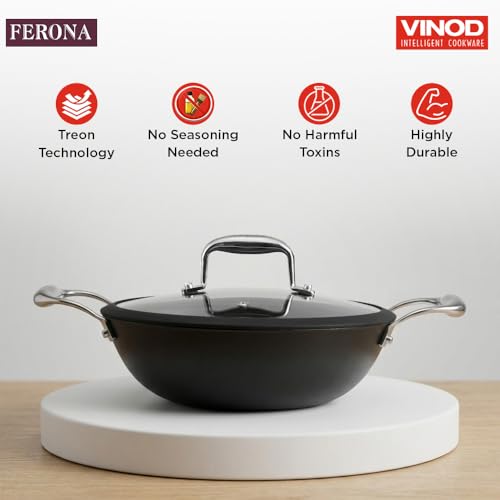 Image of Vinod Ferona Lightweight Cast Iron Kadai 1.4 L, 20 cm | Glass Lid, TREON Technology, No-Seasoning Enamel Kadhai for Healthy Cooking, Naturally Stick-Free, Gas Base, PTFE & PFOA Free