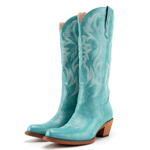Image of KaroNairy Cowboy Boots for Women Mid Calf Western Cowgirl Boots Embroidered Pointed Toe Chunky Heel Country Concerts,Turquoise