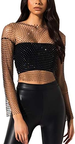 Women's Mesh Tank Tops Fishnet See Through Halter Hollow Out Rhinestone Cover up Crop Top Shirts for Festivals Raves Clubwear Black