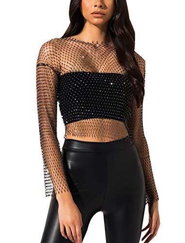 Women's Mesh Tank Tops Fishnet See Through Halter Hollow Out Rhinestone Cover Up Crop Top Shirts For Festivals Raves Clubwear Black #TOP13