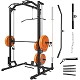 GMWD SmithΔ Machine, 1000LBS Power Cage with LAT Pull Down Pulley System and Cable Row, Multi-Function Squat Rack, and More Cable Attachments for Weight Cage Home Gym (Black)