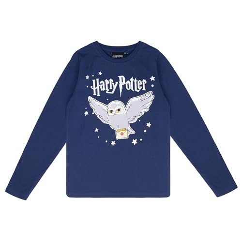 Image of Harry Potter Hogwarts Girls' Long-Sleeved Shirt, T-Shirt with Hedwig Design, 100% Cotton, Comfortable Leisure Shirt for Children, dark purple, 164