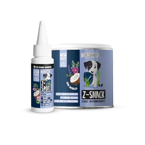 Zeckenschutz Hund Sparpaket Z-Bundle aus Zeckenmittel für Hunde Z-Spot mit Geraniol & dem Z-Snack Pflanzlicher Z Spot mit Kokos & Schwarzkümmel Z-Snack auch mit ätherischen Ölen TIERLIEBHABER