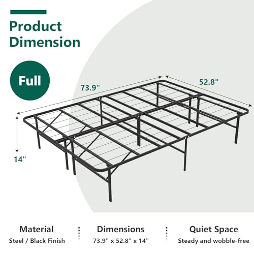 FurniEdge Full Size Folding Bed Frame, Heavy Duty Full Metal Platform with 14\" Underbed Storage, Easy Tool-Free Assembly, No Box Spring Needed