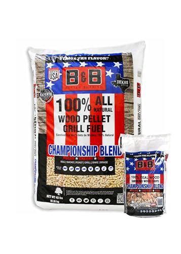 B&B Charcoal Premium Hardwood BBQ Pellets + Wood Chips All-Natural, Long-Lasting, Clean-Burning Smoking & Grilling Fuel for Smokers, Grills & Outdoor Cooking (40lb + Championship Wood Chips)