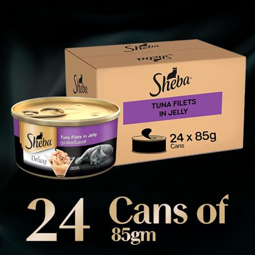 Image of Sheba Deluxe Premium Adult (1+ Years) Wet Cat Food, Tuna Fillets in Jelly, 85 g Can (Pack of 24), High-moisture wet food for healthy hydration