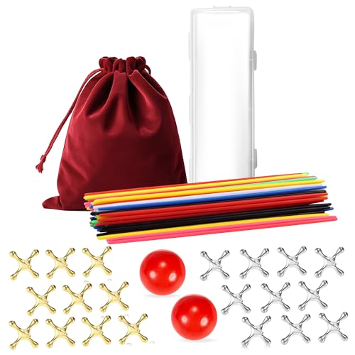 Jeu de jacks et bâtons rétro avec balles et boîte de rangement en bois
