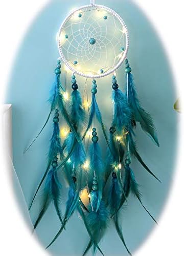YRY Sweet Dreams Dream Catcher Teal, Handmade Cute LED Dream Catchers for Wall Window Bookshelf Hanging Decoration Blessing Gift with Tassel Ribbon Natural Feathers (GreenBlue - Secret Garden)