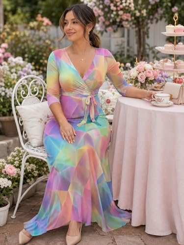 Image of SUZONANA Plus Size Dresses for Women Print Maxi Dresses Flowy 3 /4 Sleeve with Belt