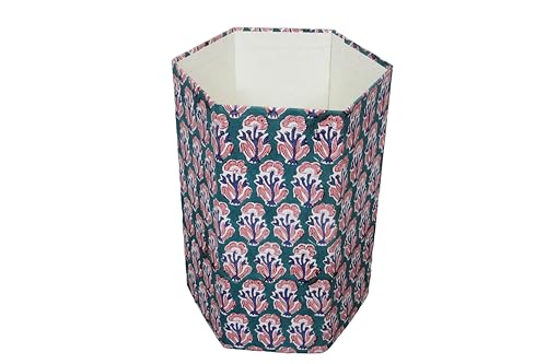 Image of 3.3 Gallon Cotton Hand Block Printed Paper Waste Basket |Small Decorative Trash Can for Housewarming Gifts in Living Room, Bedroom, Bathroom | Eco-Friendly, Plastic-Free (1, Green Blue RED Tree)