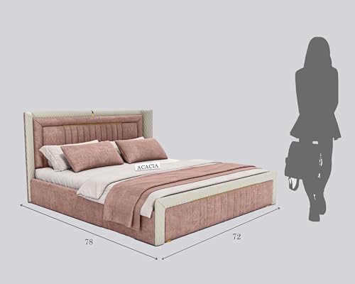 Image of Acacia Modern Upholstered King Size Bed with Box Storage for Bedroom | Wooden Double Bed with Storage | Platform Cot Bed with Upholstery Premium Fabric | 6.5 x 6 Ft | Sheesham Wood | Dusty Rose