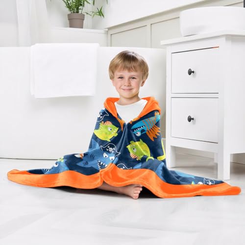 Image of Shark Boys Beach Towel with Hoodie for Kids Toddlers Age 4-8,Shark Blue Bath Towels Shower Wrap for Boys, Hooded Poncho Beach Blanket for Pool Swimming Cute Wearable Bath Towel for Child