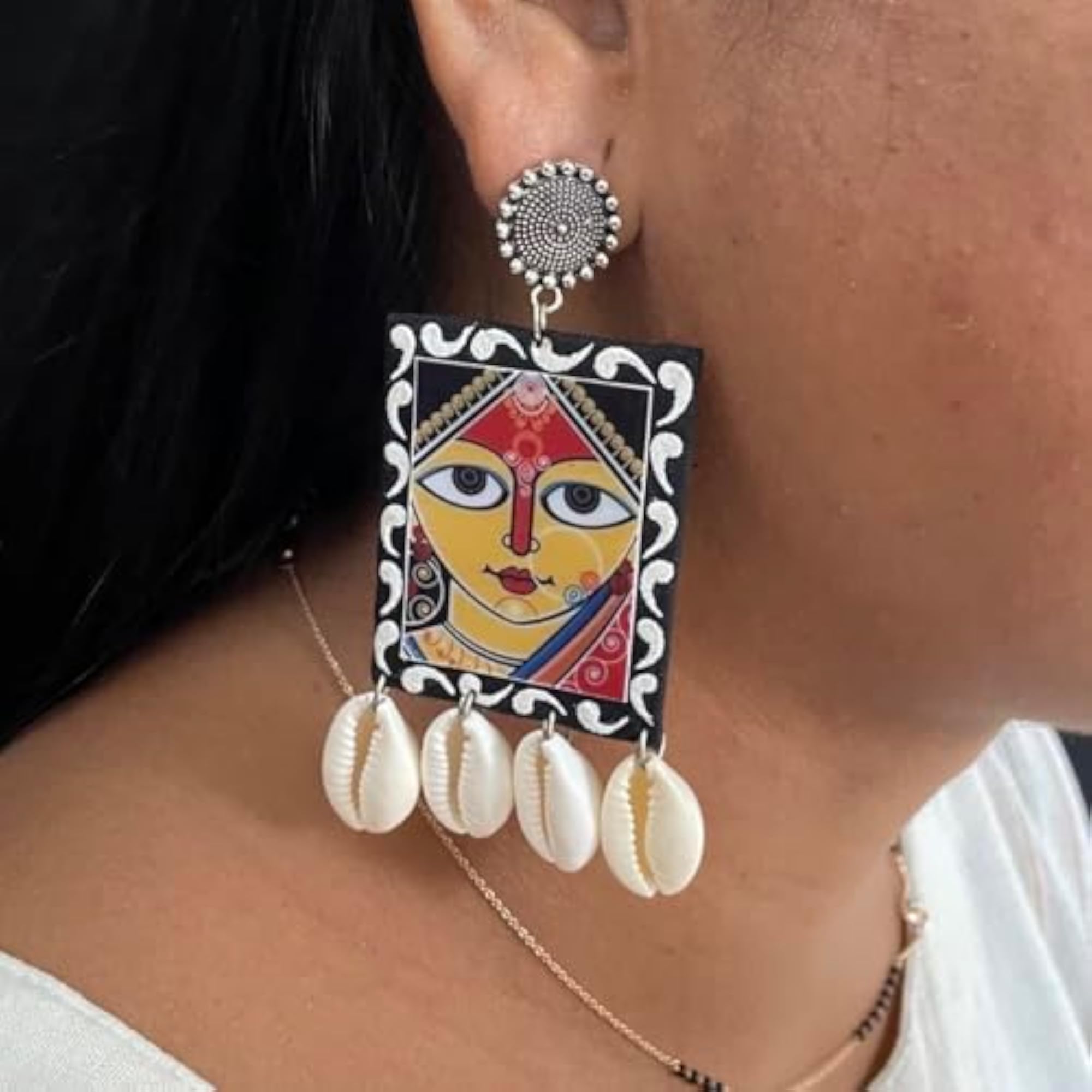 Banjara Hand Painted Maa Durga & Sea Shell Design Earrings