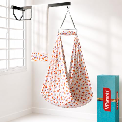 Image of VParents Sleeping Essentials Set with Mosquito Net, Spring & Window Stand (Orange) | Polka Dots