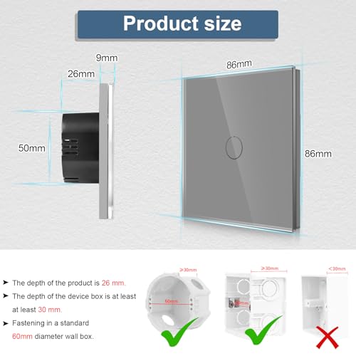 CNBINGO Touch Wechselschalter unterputz in Grau, Lichtschalter mit Status-LED und Glas Panel - Image 3