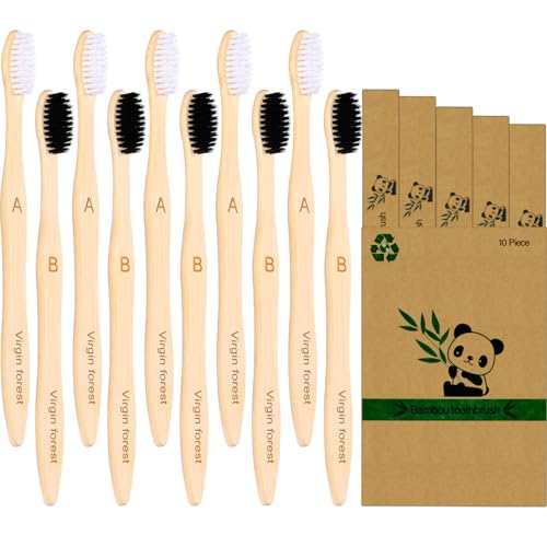 Virgin Forest Escovas de dentes de bambu, escova de dentes de cerdas macias sem BPA ecológica, escovas de dentes de madeira natural biodegradável, escova de dentes de carvão de bambu orgânico vegano para gengivas sensíveis conjunto de 10