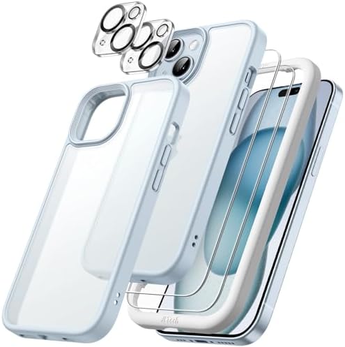 JETech Matowe Etui 5 w 1 do iPhone 15 6,1 Cala z Szkło Hartowane 2 Ochraniacz Ekranu i 2 Osłona Obiektywu Aparatu, Półprzezroczysty Tylna (Czarny)