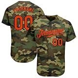 Pisting Personalized Green Camo Baseball Jerseys Sports Softball Shirts for Men Women Youth Boys Girls, Customized V-Neck Button Down Team Uniform with Stitched Orange Name Number Patches