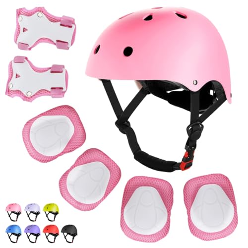 WayEee Kids Bike Helmet Set Skateboard Knee Pads, Helmet Pad Set Protective Gear Set Adjustable for Girls Kids 3-14 Helmet Elbow Pads Wrist Guards for Sport Cycling Bike Roller Skating Scooter, Pink