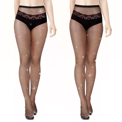 Image of Abeillo Rhinestone Fishnet Stockings for Women, 2 Pairs Stretchy Fishnet Tights High Waist Fish Nets Black Leggings Sparkly Clothes for Parties, Proms, Halloween