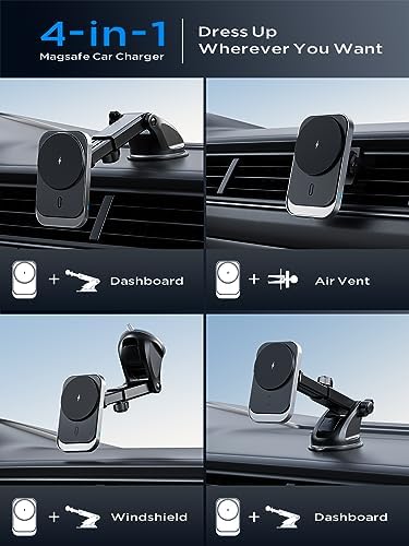 Hinyx Car Phone Holder Wireless Charger, 15W Fast Charging for Magnetic Car Charger Mag-Safe Charger Car Mount Compatible with iPhone15/14/13/12 Series Mag-Safe/Magnetic Cases(QC 3.0 Car Charger)