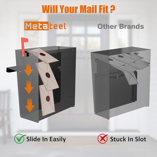 Image of Wall Mounted Locking Mailbox with Outgoing Mail Slot, Secure Drop Box for Home or Office, Weatherproof Steel Mail Box with Key Lock and Red Flag - Black