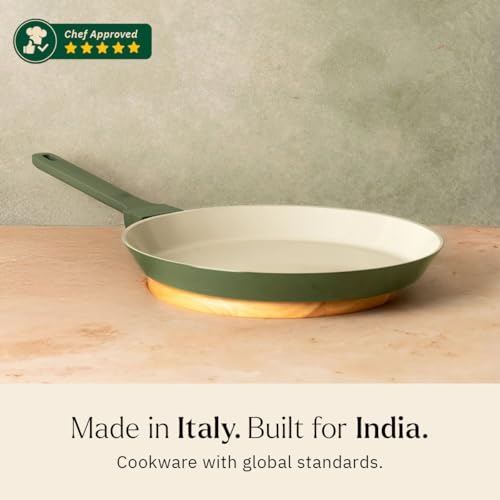 Image of Ember Cookware Arcilla Ceramic Non Stick Tawa 28 cm | 5-Year Warranty | Lightweight, Non-Toxic Roti & Chapati Pan | Matching Handle- Gas Compatible | Ceramic Cooking Tawa | Green
