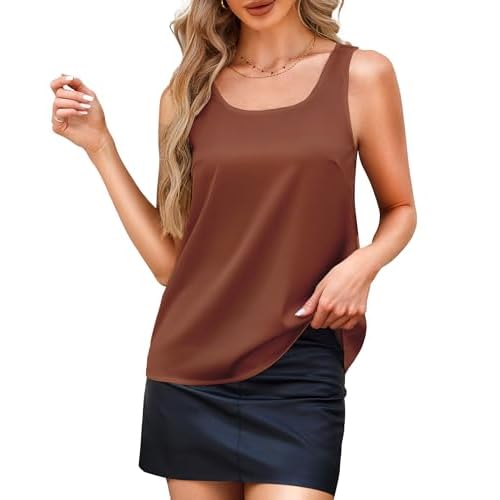 Silk Camisole Tops for Women - Satin Scoop Neck Tank Summer Shirts Sleeveless Basic Blouse Dressy Casual Medium Caramel