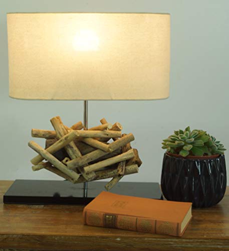 Lampe à Poser/lampe à Poser Leon, en Bali Spécimen Unique Fait à la Main en Matériau Naturel, Bois Flotté, Coton - Modèle Leon, Boisflotté, 42x35x16 cm, Lampes de Table en Matériaux Naturels