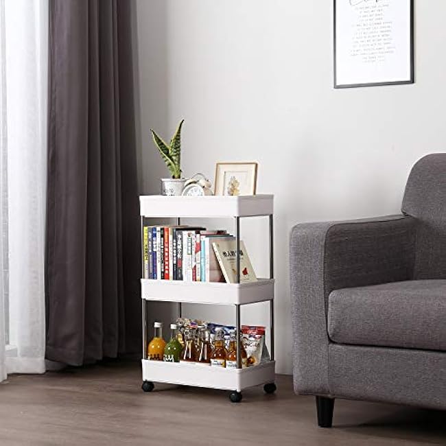 Ochine 3/4 Tier Storage Cart Mobile Shelving Unit Organizer Utility Rolling Cart with Wheels Mobile Shelving Unit Cart Wide/Slim Storage Organizer Cart for Kitchen Bathroom Laundry Room-2HiFcvpB