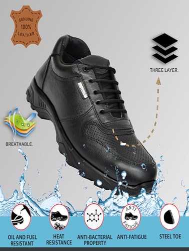 Image of Men's Black Industrial Safety Shoes, Size 10, Steel Toe, Oil Resistant Sole, Genuine Leather, Breathable, Comfortable, Lightweight