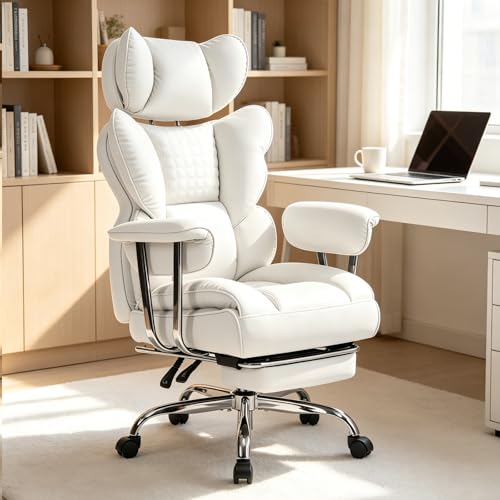 Image of Big and Tall Office Chair 350 LBS, Scratch-Resistant PU Leather Executive Office Desk Chair with Footrest, Ergonomic Reclining Computer Chair with Pocket Spring Support for Home Office, Beige