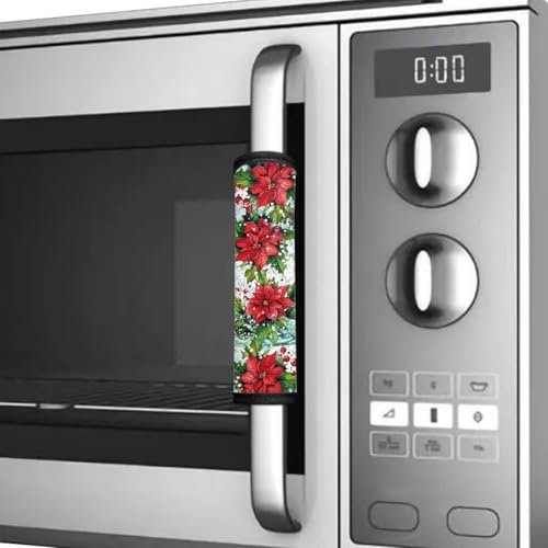 Image of Christmas Refrigerator Handle Covers, Red Poinsettia Flower Refrigerator Door Handle Covers Kitchen Appliance Decor Handles Anti-Skid Microwave Oven Stove Dishwasher Handle Protector 6 Pack