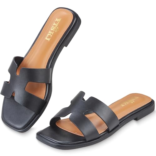 YTSKJ Sandals for Women 2025 Dressy Cute Summer Flat Slides Comfortable Soft Leather for Ladies Casual Square Open Toe Slip On Beach Sandals Black 8