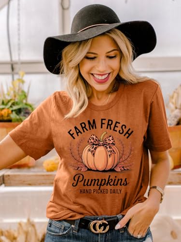 Women Farm Fresh Pumpkins Shirt: Cute Fall Pumpkin T Shirt Farmers Market Thanksgiving Tee Top2