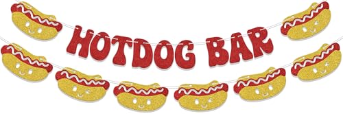 KEWUFD Hotdog Bar Banner Fiesta Birthday Food Decor Hotdog Theme Sign Weenies & Tinies Party Sign For Bachelorette/Engagement Party Decorations Supplies Red Glitter